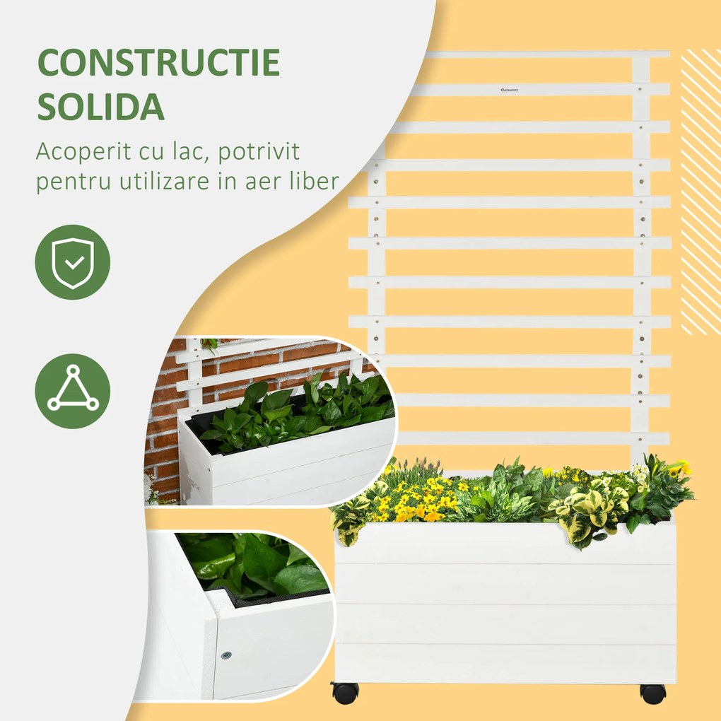 Outsunny Jardinieră Verticală Mobilă cu Suport pentru Plante Cățărătoare, din Lemn de Brad, 4 Roți, 76x30x155 cm, Alb | Aosom Romania