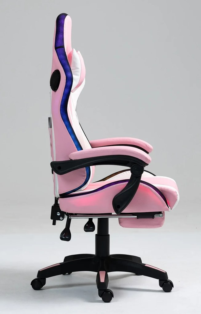 RESIGILAT- ALFORD Scaun gaming cu Masaj in 5 puncte, Perna lombara cu Masaj, Sistem iluminare banda LED RGB, Boxe Bluetooth, suport picioare, PU, Roz