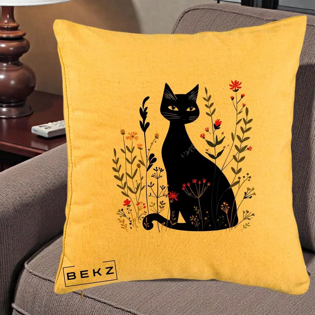 Perna Decorativa Pisica Neagra Botanica Rosu-Gri, 40x40 cm, Galben, Husa Detasabila, Perna Inclusa, BEKZ®