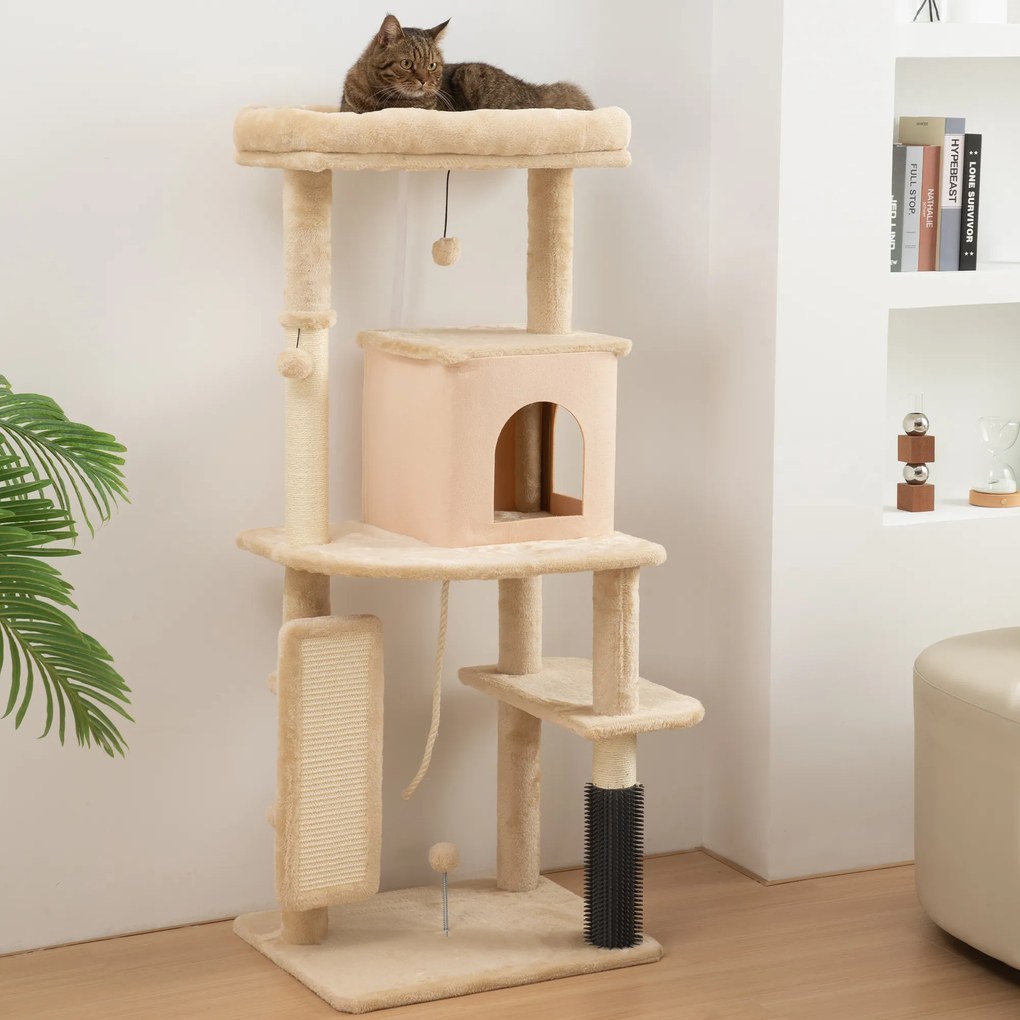 PawHut Arbore pentru Pisici Multilevel Înalt 132 cm cu Căsuță, Culcuș, Stâlpi Zgâriători, Perie și Biliță, Bej | Aosom Romania