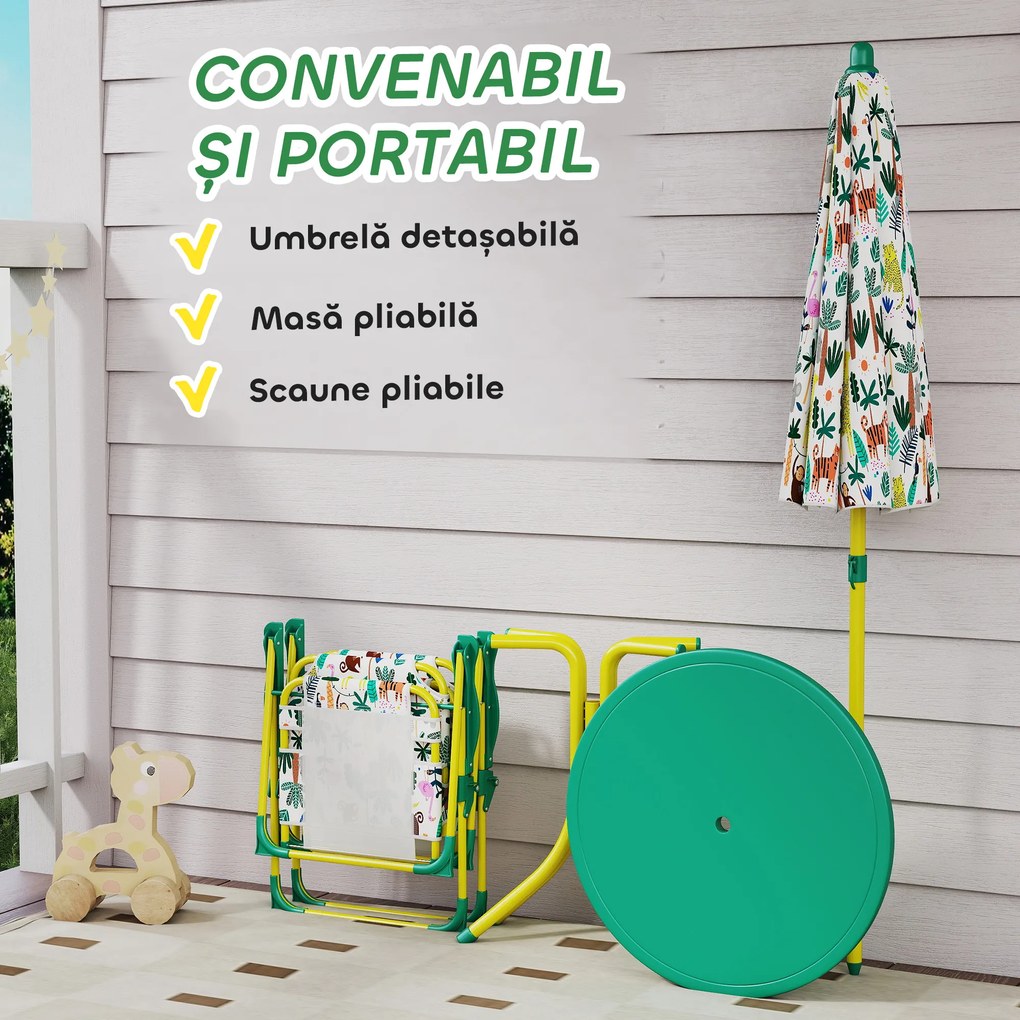 AIYAPLAY Masă de Picnic pentru Copii, Set Masă și Două Scaune Pliabile cu Umbrelă Demontabilă, Tematică Jungle, Mobilier de Exterior pentru Grădină, Terasă, Verde | Aosom Romania