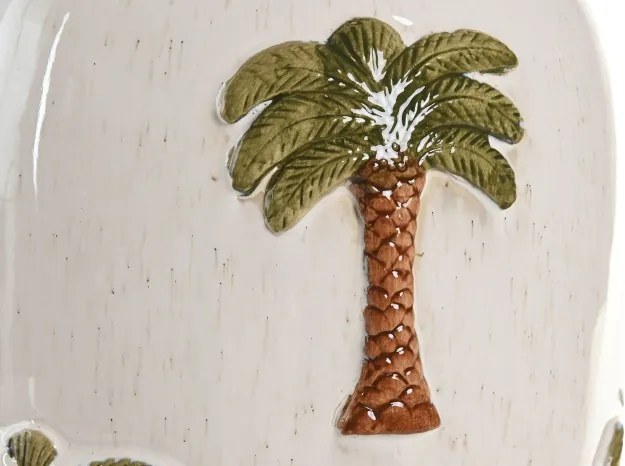 Vază decorativă tropical pictată manual alb cu accente maro și verde din ceramică , "Palmira"