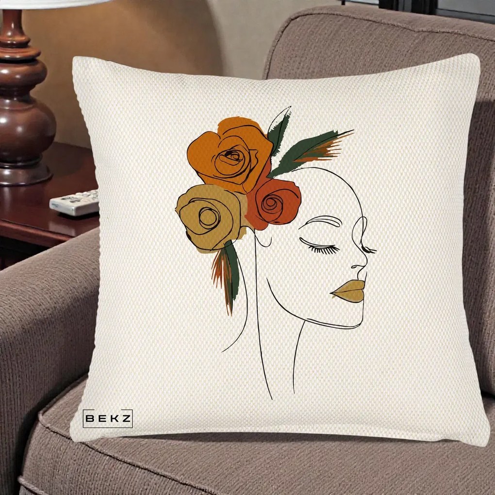 Perna Decorativa Portret Feminin Trandafiri Ruginii, 40x40 cm, Crem Reliefat, Husa Detasabila, Perna Inclusa, BEKZ®