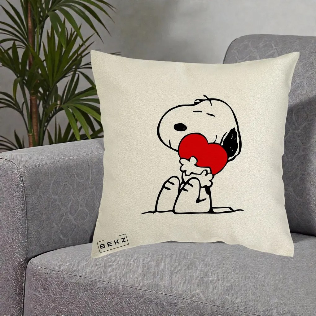 Perna Personalizata Snoopy cu Inima, 40x40 cm, Ecru, Husa Detasabila, Perna Inclusa, BEKZ®