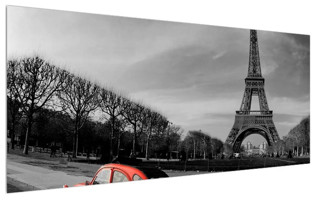 Tablou cu turnul Eiffel și mașină roșie (120x50 cm), în 40 de alte dimensiuni noi