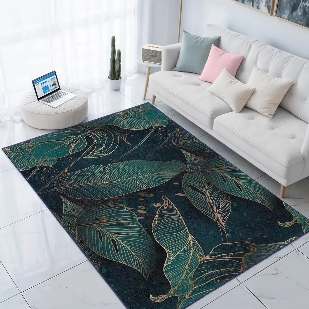 Covor tip traversă culoare petrol lavabil 80x200 cm Midnight Jungle – Mila Home