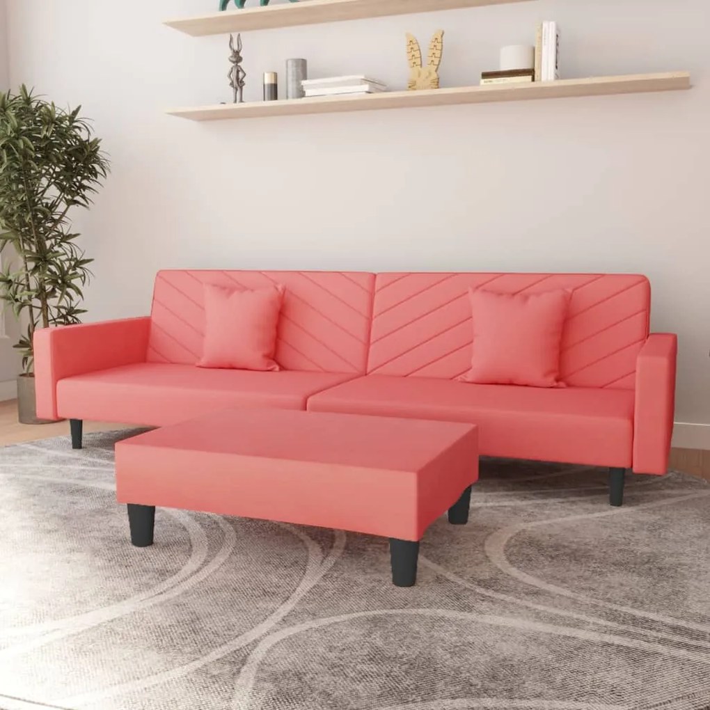 Canapea extensibilă 2 locuri, 2 perne&amp;taburet, roz, catifea