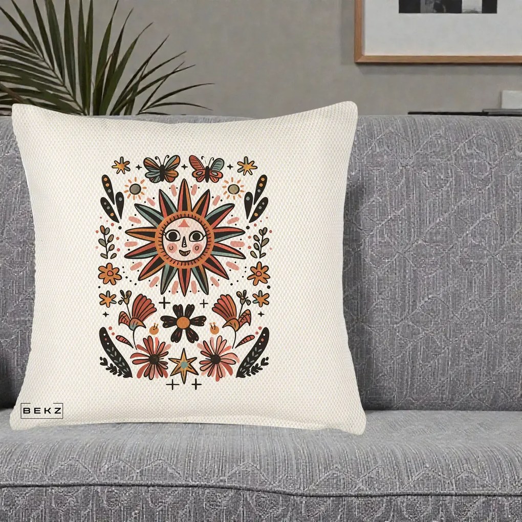 Perna Decorativa Soare Boho Folk Fluturi, 40x40 cm, Crem Reliefat, Husa Detasabila, Perna Inclusa, BEKZ®