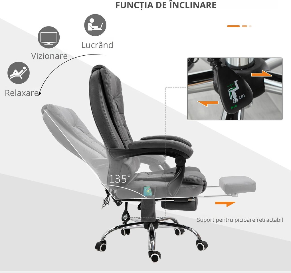 Fotoliu de Birou Vinsetto cu Masaj și Funcție Rabatabilă, 6 Puncte de Masaj și Încălzire, Scaun Reglabil pe Înălțime, Gri | Aosom România