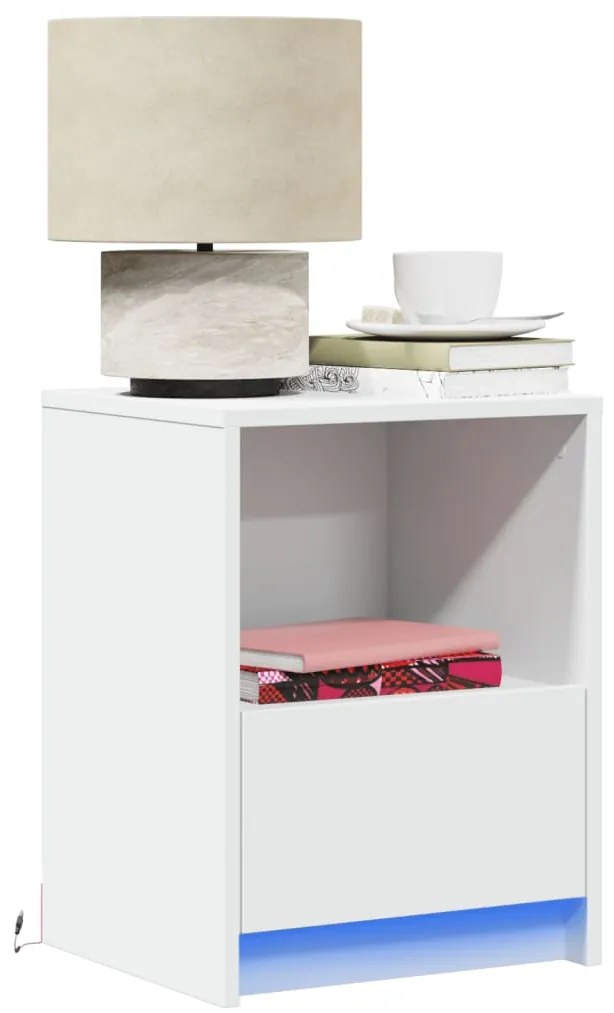 vidaXL Noptiere cu lumini LED, 2 buc., alb, lemn prelucrat