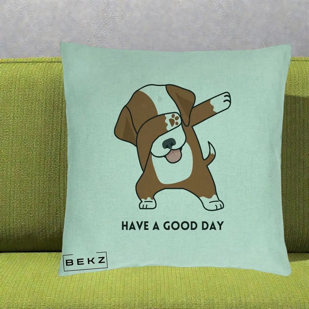 Perna Decorativa Caine Dab Have A Good Day, 40x40 cm, Verde Menta, Husa Detasabila, Perna Inclusa, BEKZ®