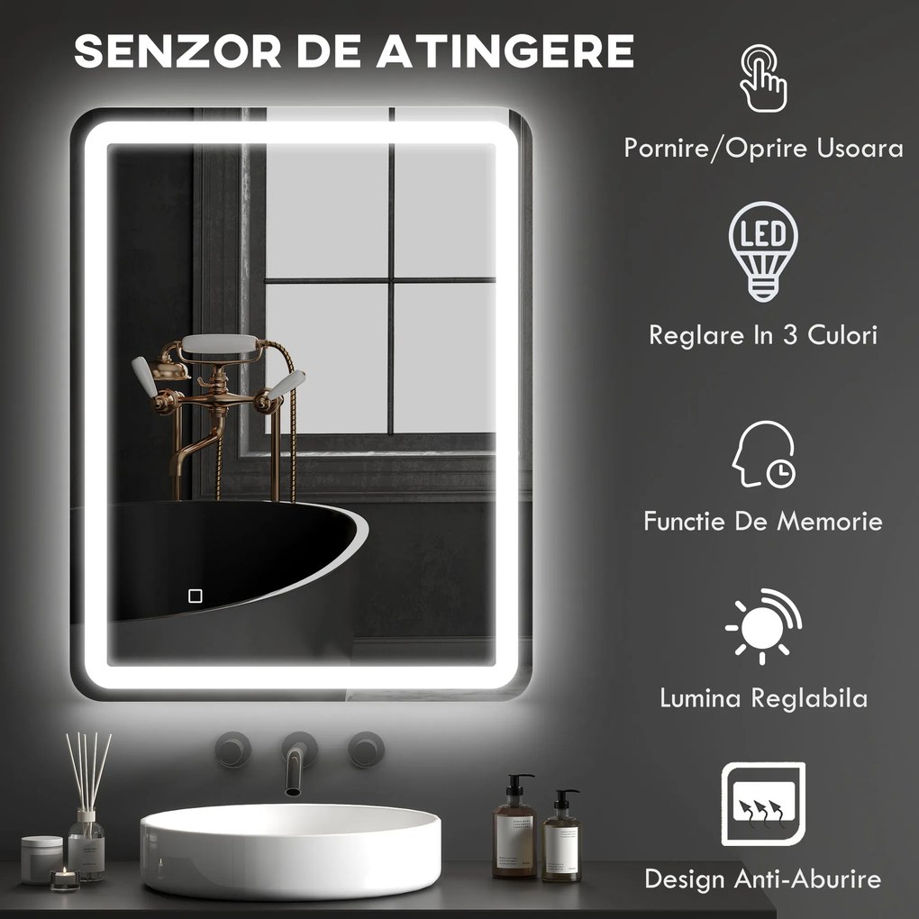 kleankin Oglinda pentru baie cu lumini LED, 70 x 50 cm | Aosom Romania