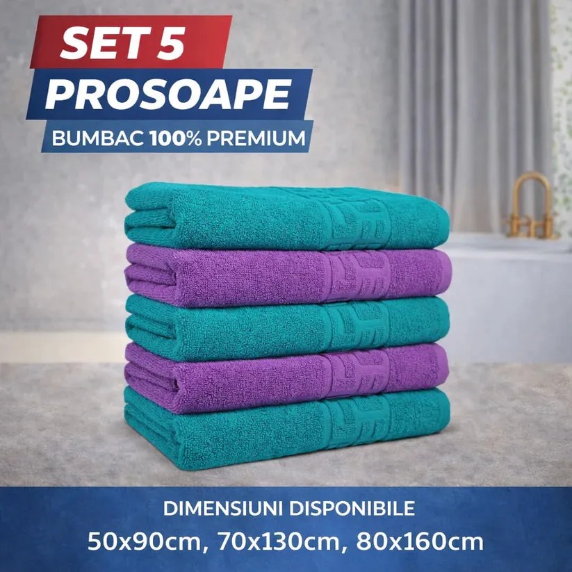 Set 5 Prosoape Baie 550g/m² Premium, 100% Bumbac, Absorbante și Pufoase