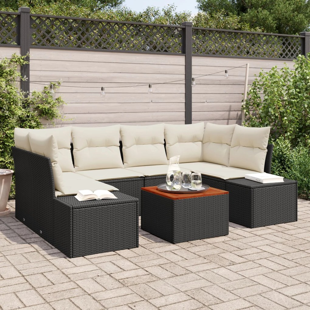 vidaXL Set de canapea de grădină cu 7 piese și pernuțe, negru, din rattan și acacia.