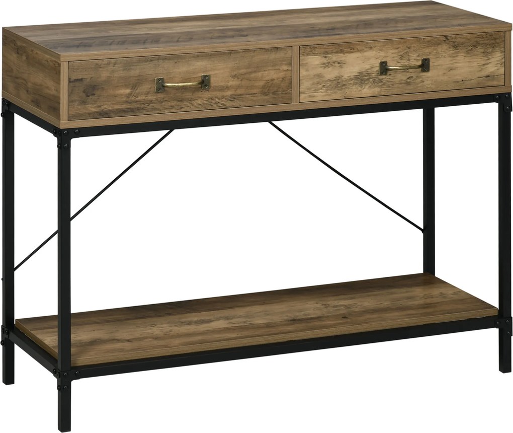 Masă Consolă Vintage HOMCOM din Metal și Lemn, Design Elegant cu 2 Sertare și Raft, Maro, pentru Living, Sufragerie | Aosom Romania