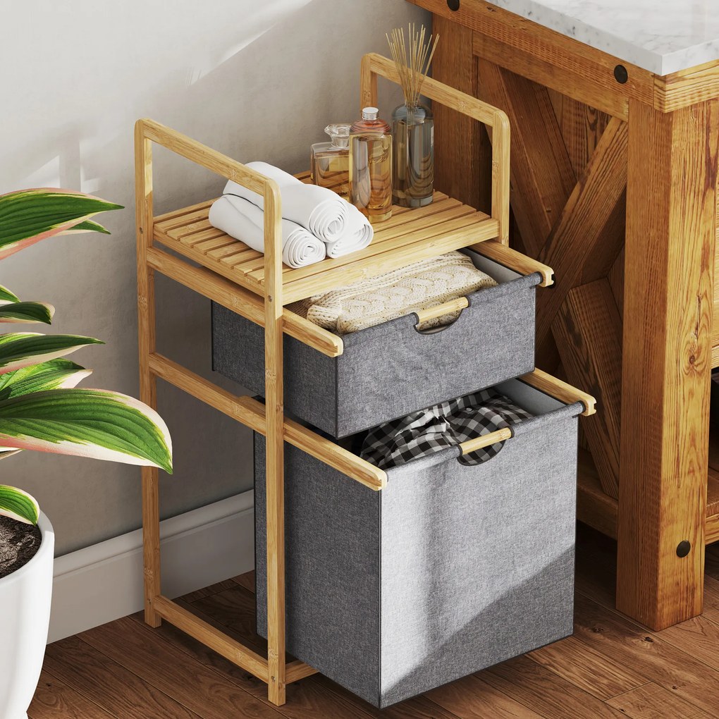 HOMCOM Coș de rufe din bambus coș de rufe murdare cu 2 saci din material textil culisante și raft cu lamele, natural | Aosom Romania