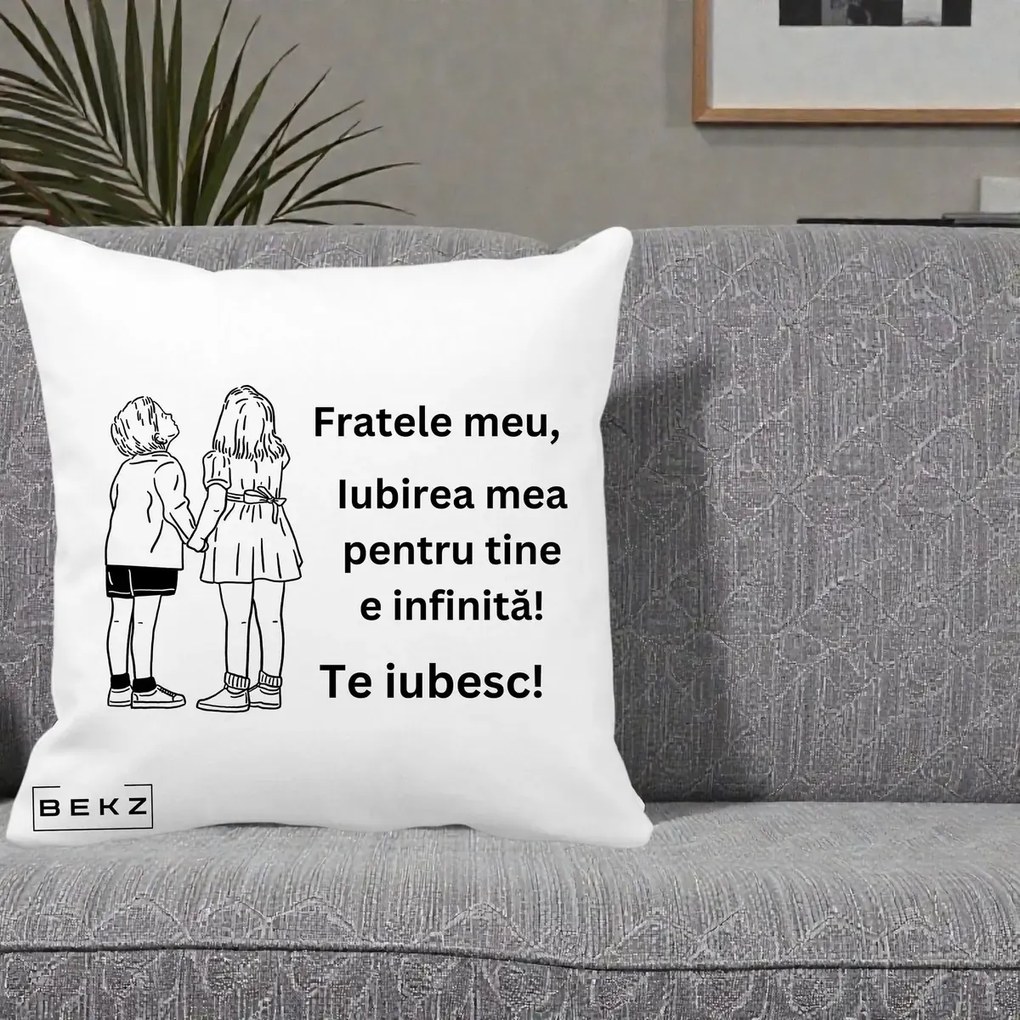 Cadou pentru Frate - Perna Personalizata Fratele Meu Te Iubesc Copii Tinand Maini Line Art, 40x40 cm, Alba Mata, Husa Detasabila, Perna Inclusa, BEKZ®