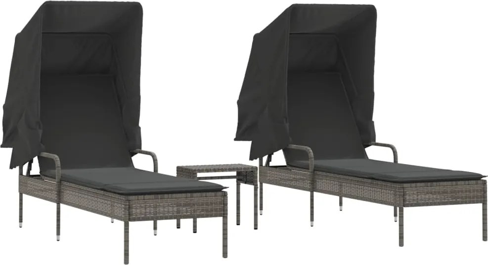 vidaXL Șezlonguri, 2 buc., cu baldachine și masă, gri, poliratan