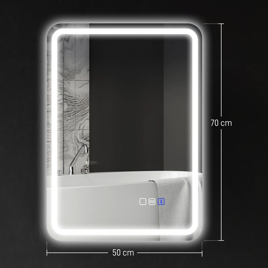 HOMCOM Oglindă de Baie Bluetooth LED 50 x 70 cm cu Anticeață - Argintiu | Aosom Romania