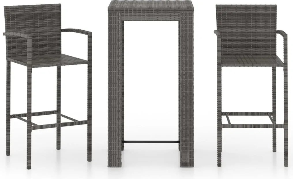 vidaXL Set bar de exterior, cu cotiere, 3 piese, gri, poliratan