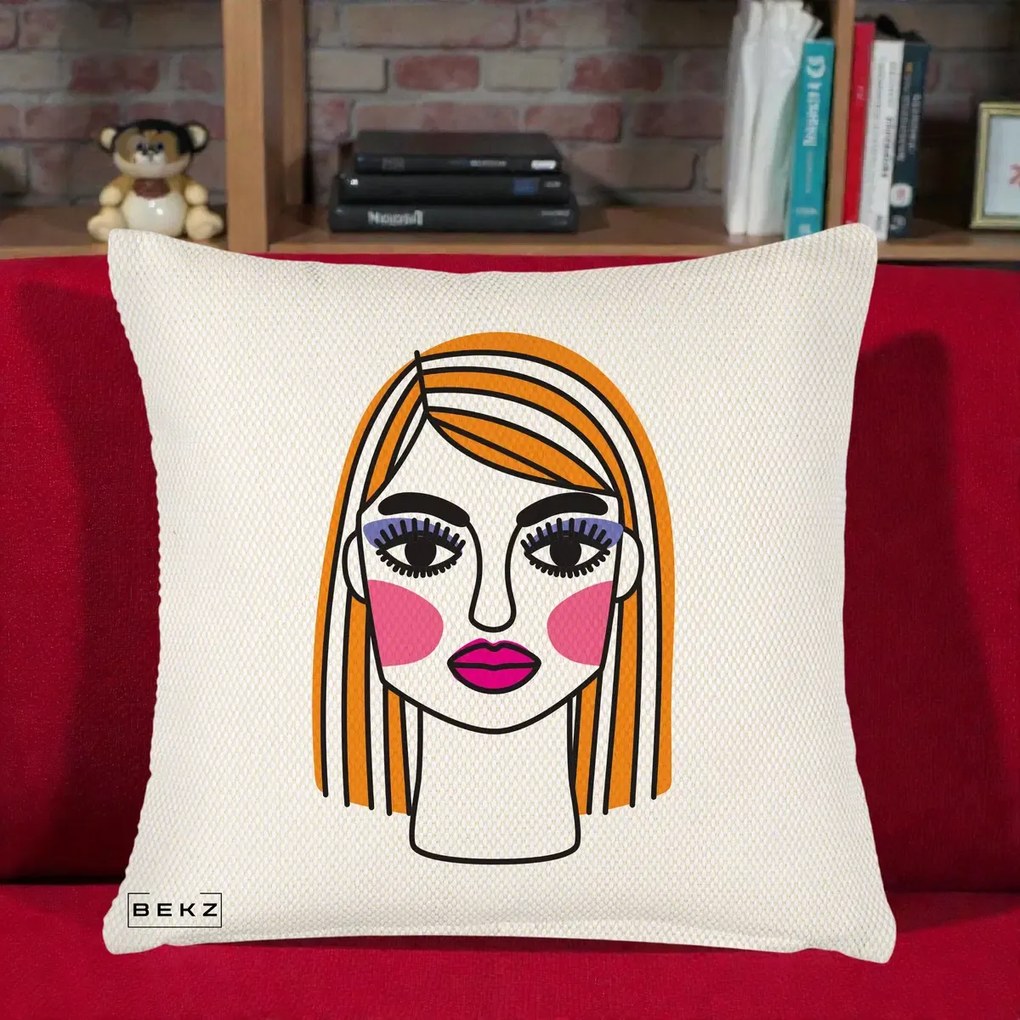Perna Decorativa Portret Pop Art Fata, 40x40 cm, Crem Reliefat, Husa Detasabila, Perna Inclusa, BEKZ®