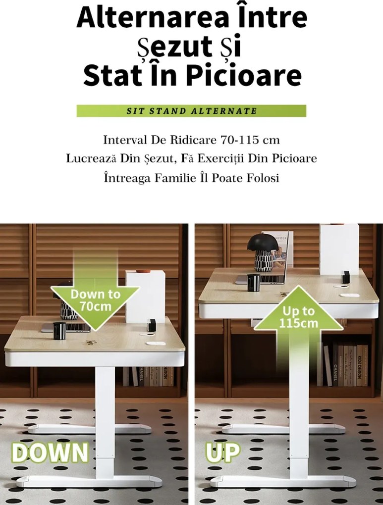 RESIGILAT- Birou Electric Reglabil pe Înălțime cu Sertar Ascuns, Încărcare Wireless & USB, Senzor de siguranță, 140x60, Nuc/Negru