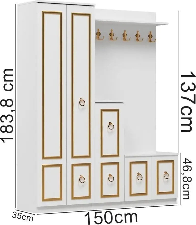 Cuier hol cu pantofar alb-auriu, Vera Homs 183x35x150 cm 