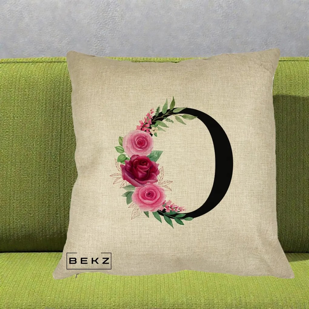 Cadou Personalizat - Perna Personalizata Monograma Florala Litera O, 40x40 cm, Crem, Husa Detasabila, Perna Inclusa, BEKZ®