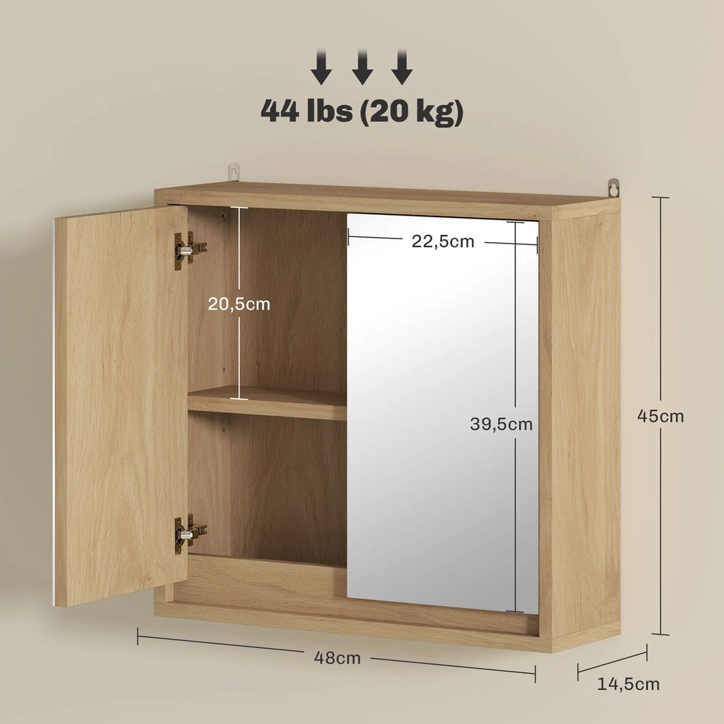 HOMCOM Dulap de baie cu oglindă, 2 uși și poliță ajustabilă, dulap suspendat în stil modern 48x14,5x45cm natural | Aosom Romania