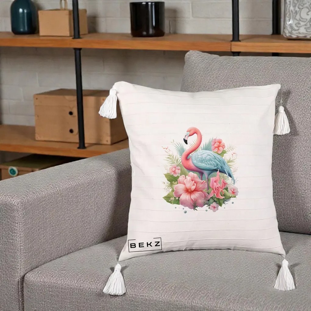 Perna Decorativa Flamingo cu Hibiscus Tropical, 40x40 cm, Bej cu Franjuri, Husa Detasabila, Perna Inclusa, BEKZ®