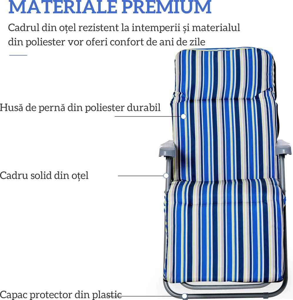 Outsunny Set de 2 Șezlonguri de Grădină Pliabile, Șezlonguri cu Spătar Reglabil pe 5 Nivele, Perne, Cotiere, din Oțel și Poliester, pentru Exterior, Terasă, Albastru și Crem | Aosom Romania