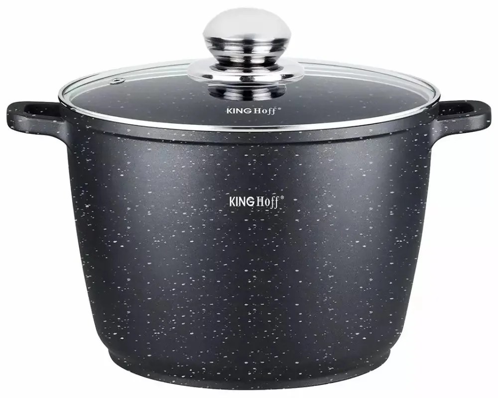 Oală cu capac 24 cm, 6.2L – Kinghoff KH 1598, cu strat antiaderent marmură, neagră, compatibilă cu toate plitele