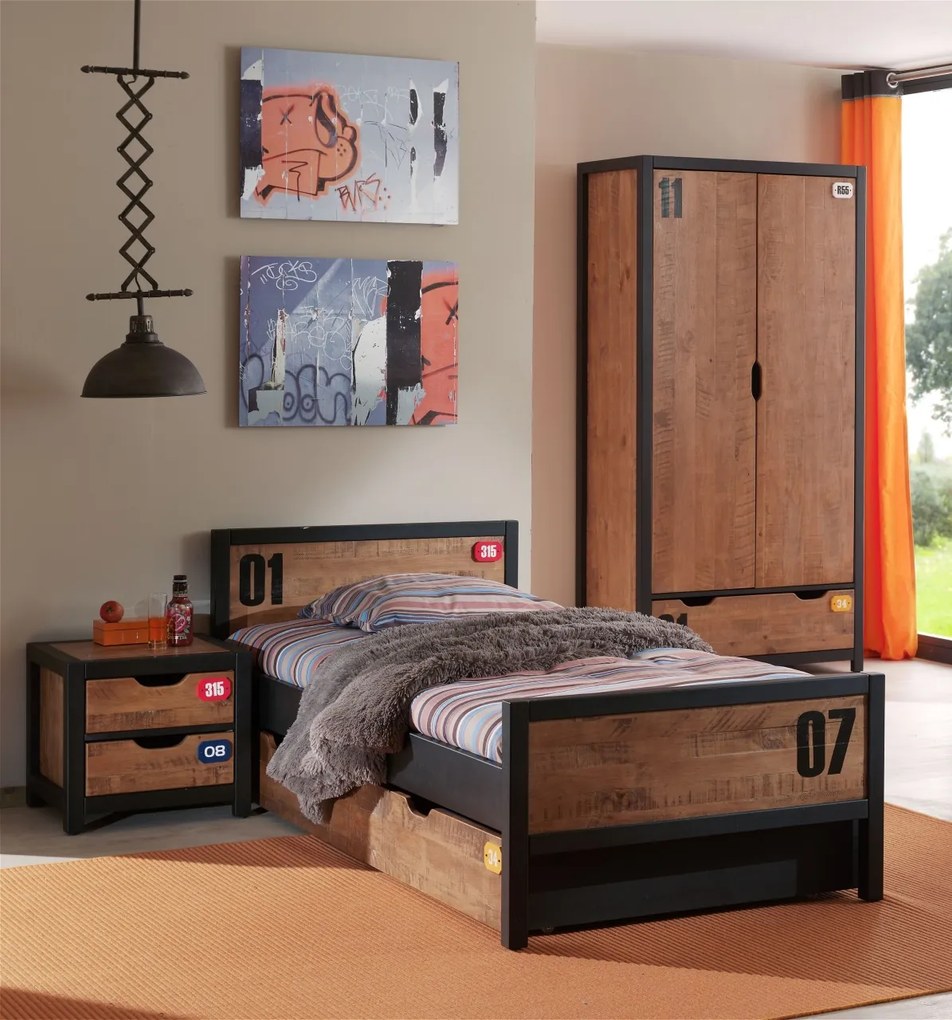 Set Complet Mobilier Copii ALEX, 4 Piese, Pat 90x200 cm cu Somieră, Pin Masiv, Design Industrial – Vipack