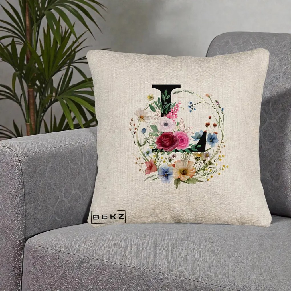 Cadou Personalizat - Perna Personalizata Monogram Litera L cu Flori Acuarela, 40x40 cm, Bej Canapea, Husa Detasabila, Perna Inclusa, BEKZ®