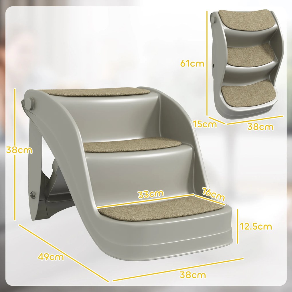 Scară pliabilă PawHut 3 trepte pentru câini mici, covorașe antiderapante, 49 x 38 x 38 cm — gri | Aosom Romania