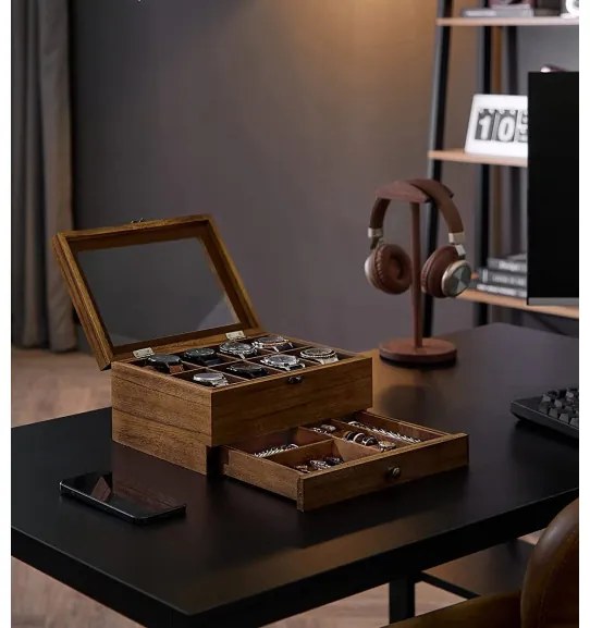 Cutie De Bijuterii Din Lemn Cu 2 Niveluri, Cu Capac De Sticla, Nuc Rustic