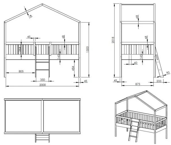 Pat Căsuță Supraetajat cu Scară, Alb, 90 x 200 cm, Pin Scandinavian – Dallas – Vipack