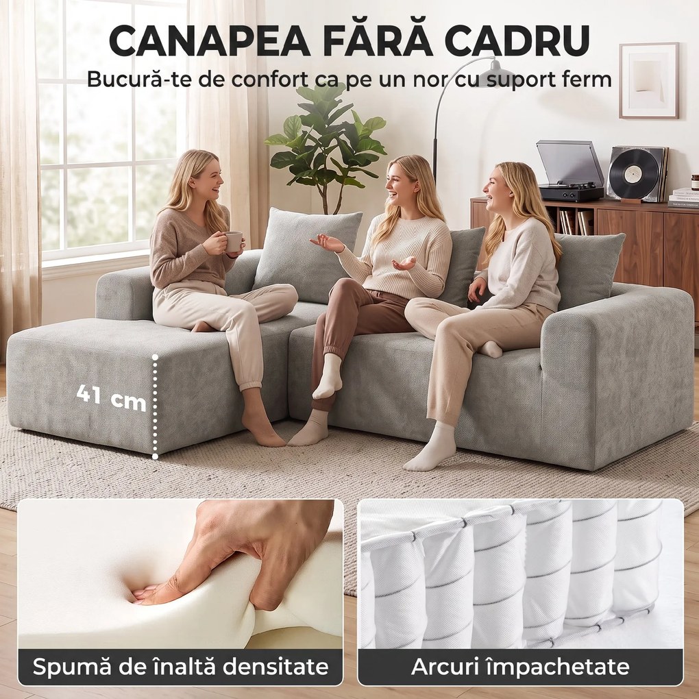 HOMCOM Canapea de Colț cu 3 Locuri, Fără Cadru, pentru Living, Gri Deschis | Aosom Romania