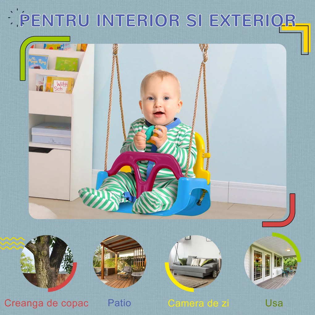 Outsunny Scaun de Leagan 3 in 1 pentru Copii, Leagan pentru Copii pentru Bebelusi pana la Copii, cu Spatar Detasabil si Bara in T, Franghie Reglabila, Varsta 9-36 Luni, Albastru | Aosom Romania