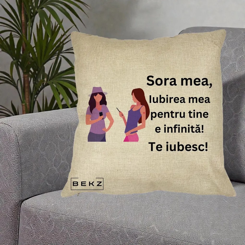 Cadou pentru Sora - Perna Personalizata Sora Mea Te Iubesc Doua Fete cu Telefoane, 40x40 cm, Crem, Husa Detasabila, Perna Inclusa, BEKZ®