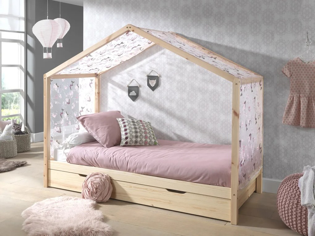 Set DALLAS culoare lemn natural este compusă dintr-un Pat copii fără gard (90 x 200 cm), un sertar și un set textil.