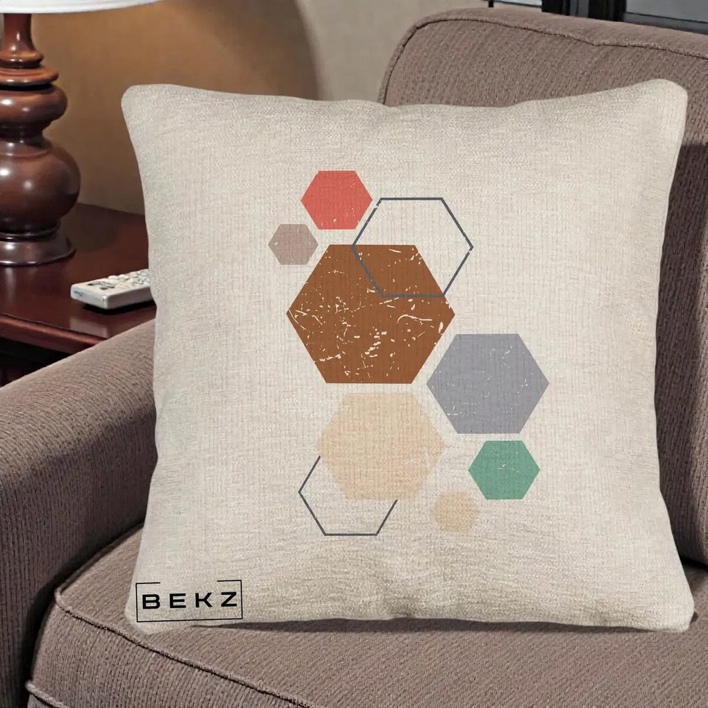 Perna Decorativa Geometric Hexagoane Multicolor, 40x40 cm, Bej Canapea, Husa Detasabila, Perna Inclusa, BEKZ®