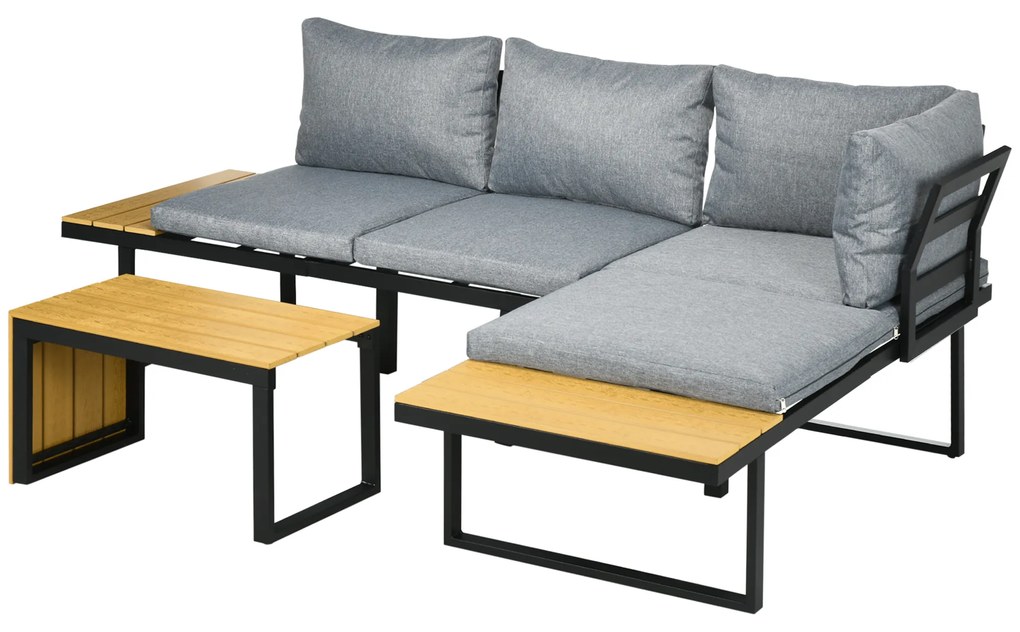 Outsunny Set de Mobilier de Grădină pentru 3 Persoane cu Perne de Ședere, Cadru din Aluminiu, Aspect de Lemn, Gri închis+Natur | Aosom Romania