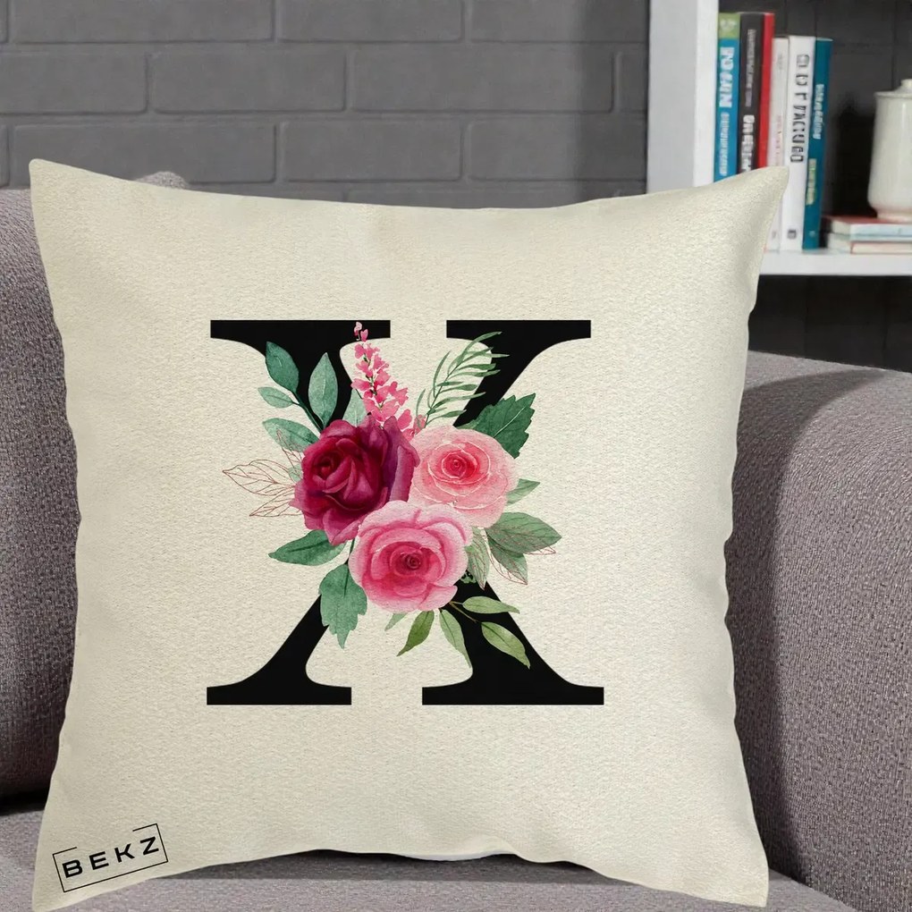 Cadou Personalizat - Perna Personalizata Monograma Florala Litera X cu Buchet, 40x40 cm, Ecru, Husa Detasabila, Perna Inclusa, BEKZ®
