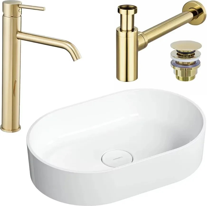 Pachet lavoar pe blat Omnires Ovo M+ alb 55 cm, baterie lavoar Rea Lungo auriu si ventil lavoar Click-Clack auriu