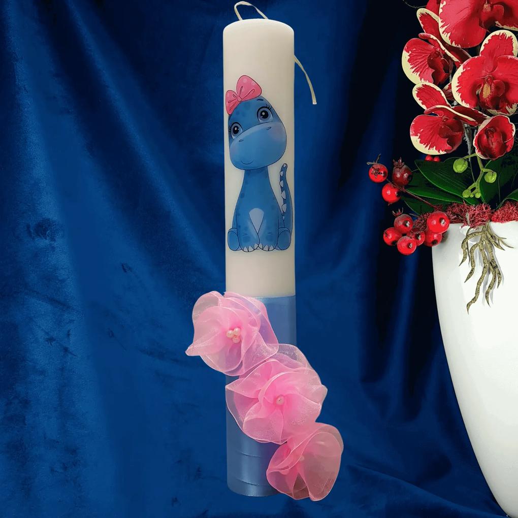 Lumanare botez decorata Dino albastra 5,5 cm, 30 cm
