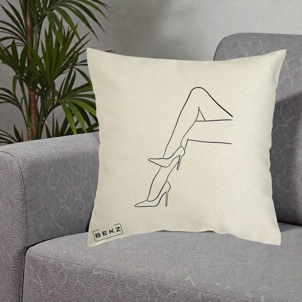 Perna Decorativa Picioare cu Tocuri Line Art, 40x40 cm, Ecru, Husa Detasabila, Perna Inclusa, BEKZ®