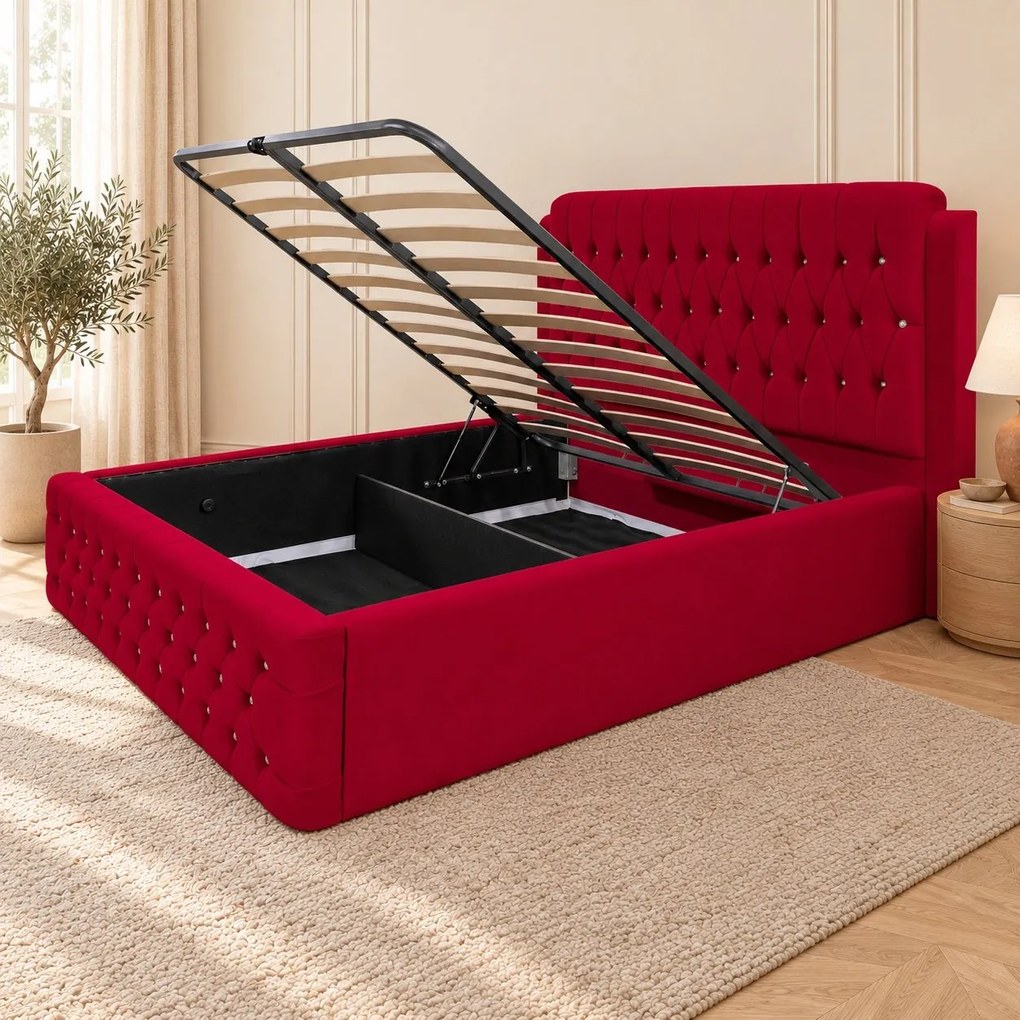 Pat tapițat Chesterfield din catifea Aveline Deluxe 140×200 cm, roșu, cu ladă de depozitare