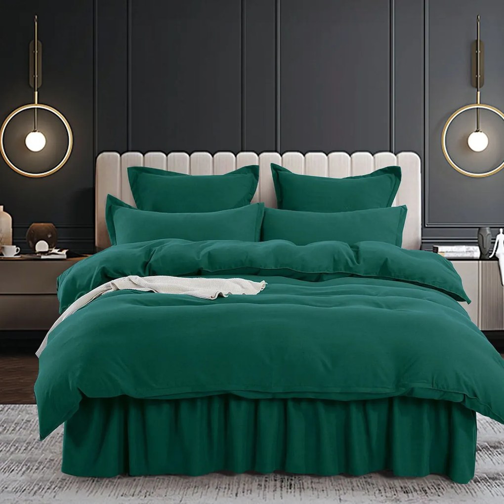 Lenjerie de pat cu volanase, bumbac tip finet, pat 2 persoane, uni, 6 piese, verde inchis, FNVJ-14