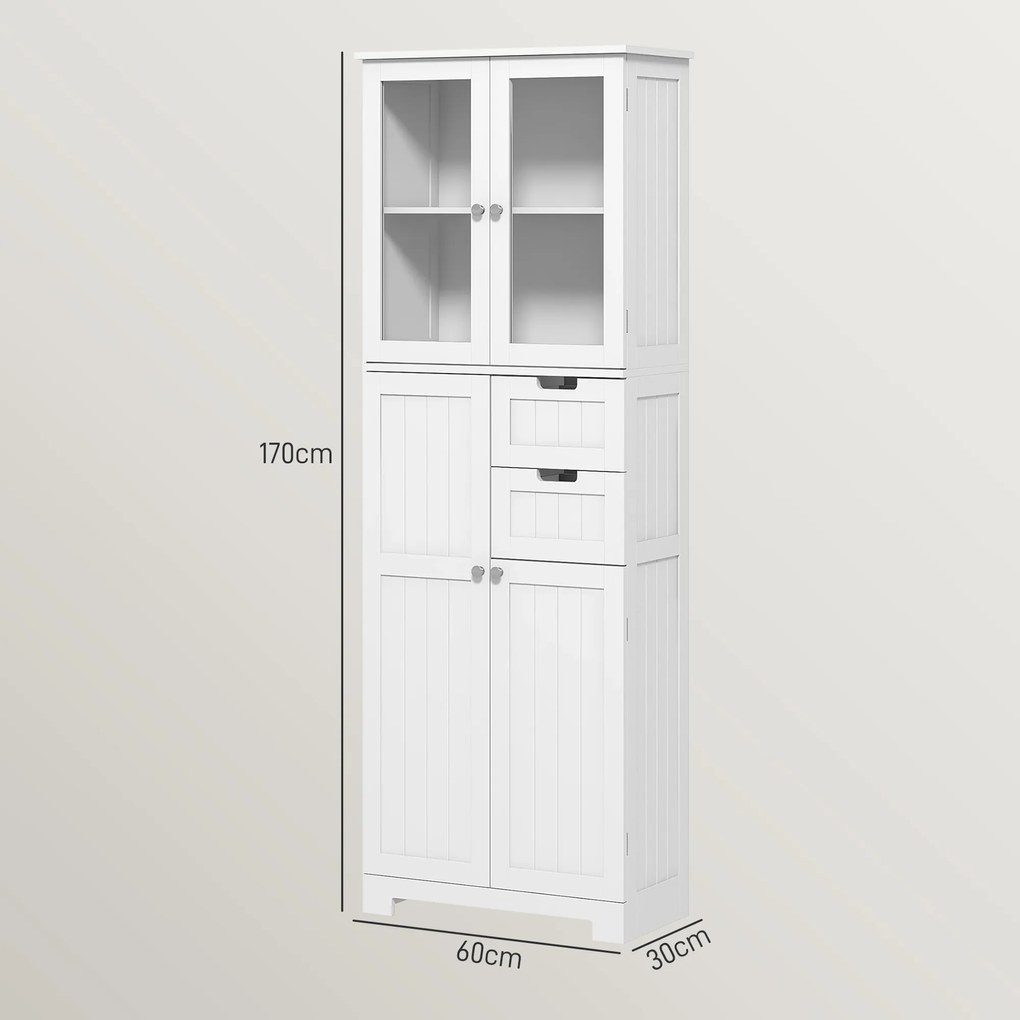 HOMCOM Dulap înalt de depozitare, dulap cu uși din sticlă și rafturi reglabile pentru baie, bucătărie, sufragerie, alb | Aosom Romania
